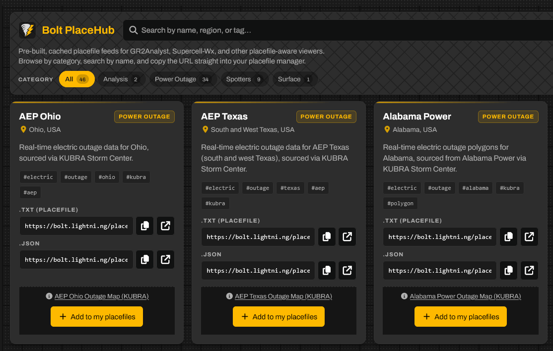 Bolt PlaceHub shown with custom placefile overlays